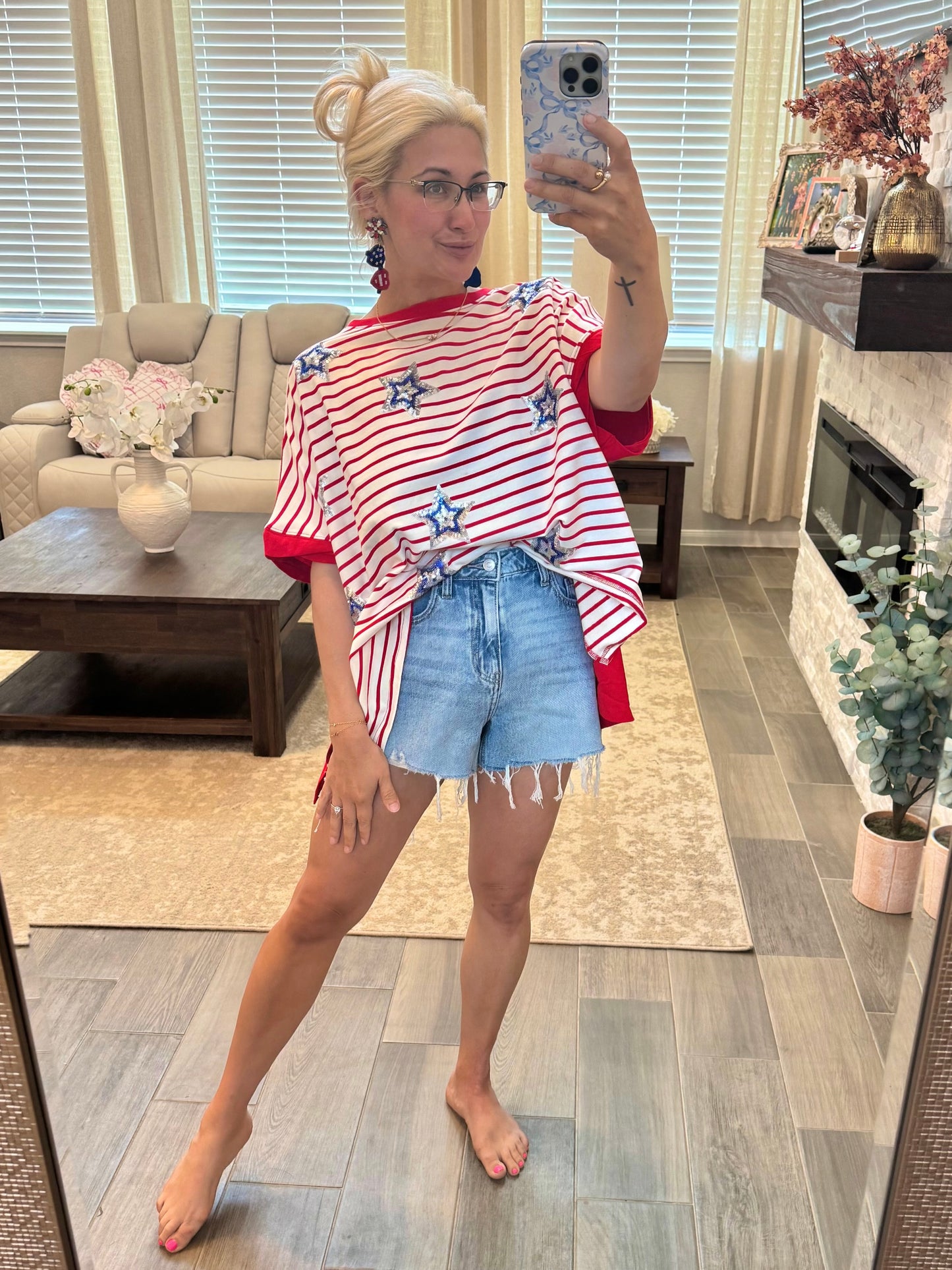 Red, White & Blue Sequin Star Top