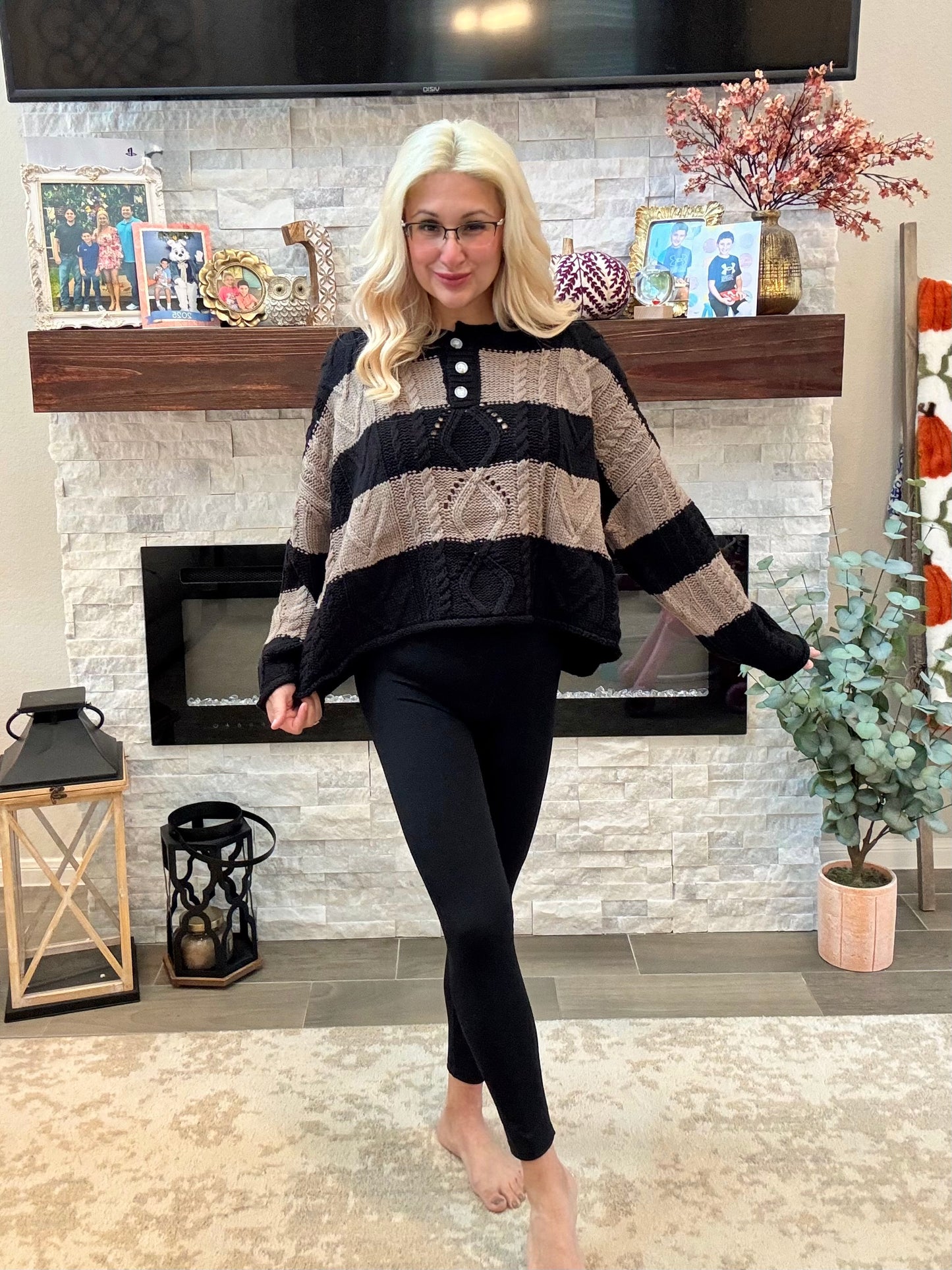 Mocha Stripe Henley Sweater