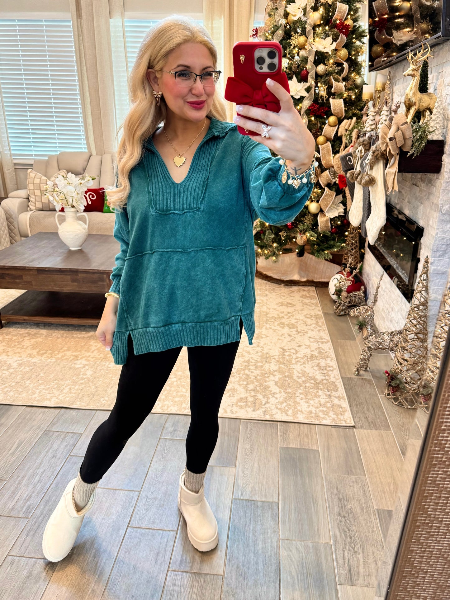 Cozy Holiday Morning Pullover - HUNTER GREEN