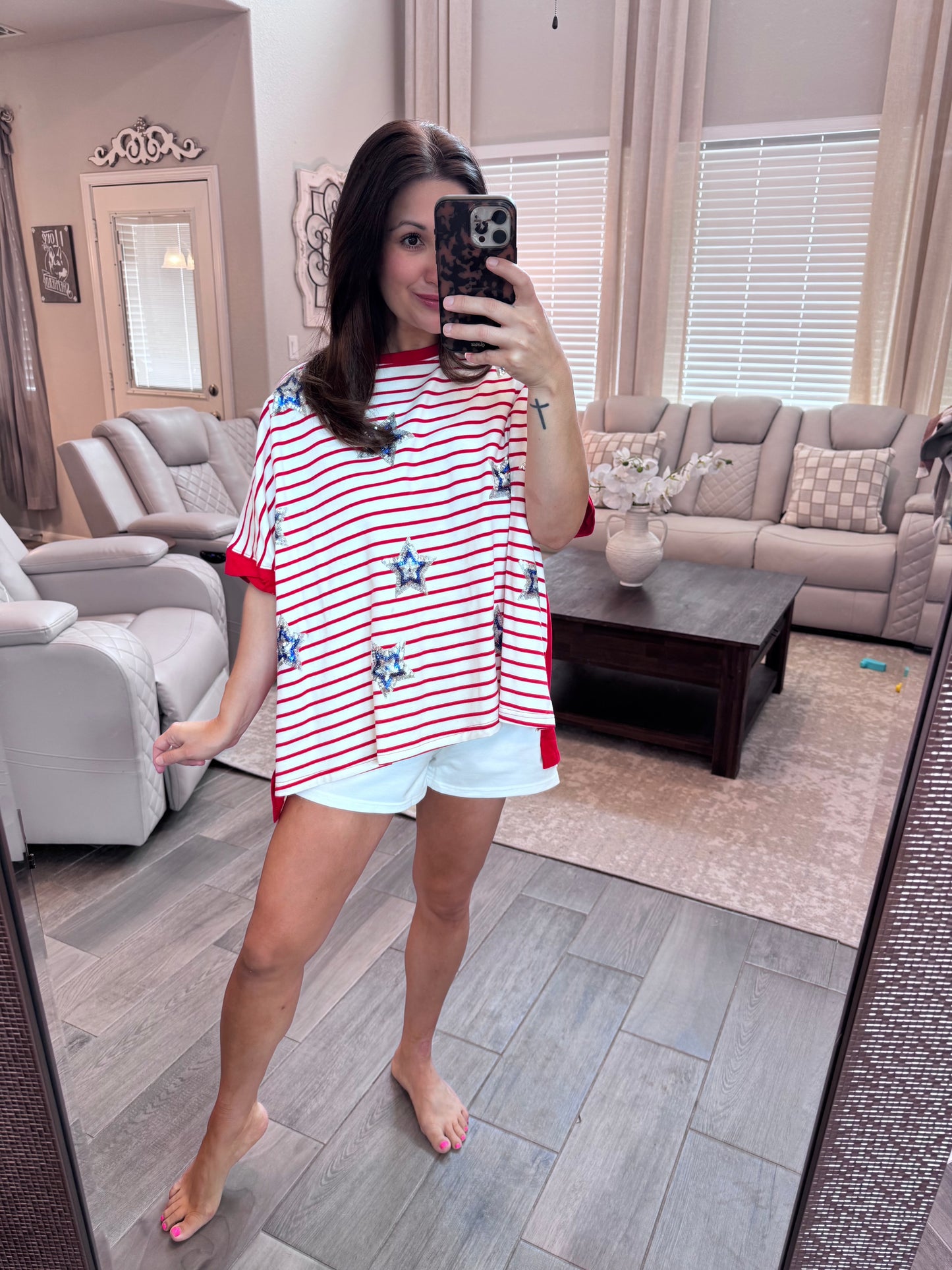 Red, White & Blue Sequin Star Top