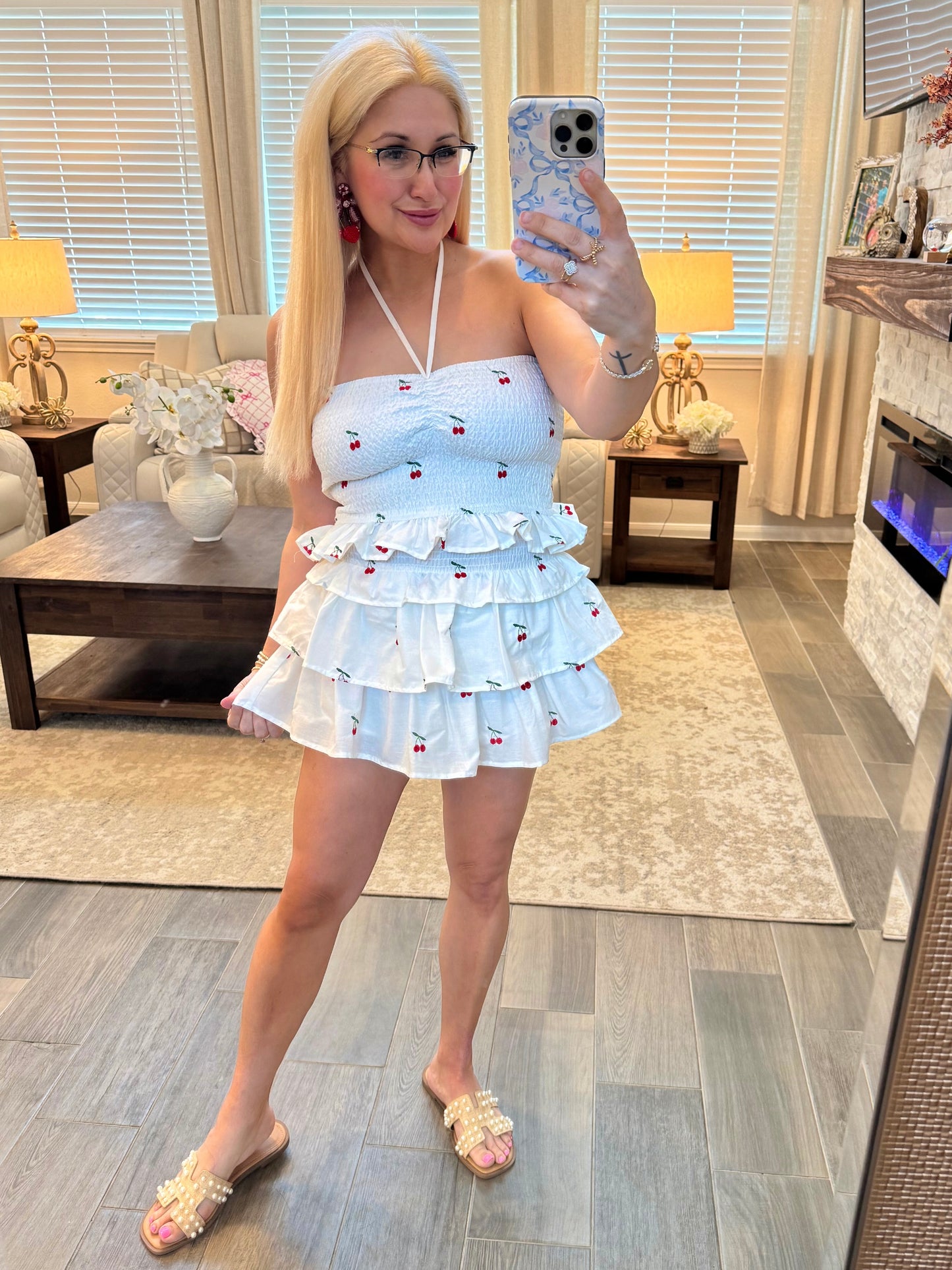 Cherry Poplin Smocked Waist Ruffle Skort