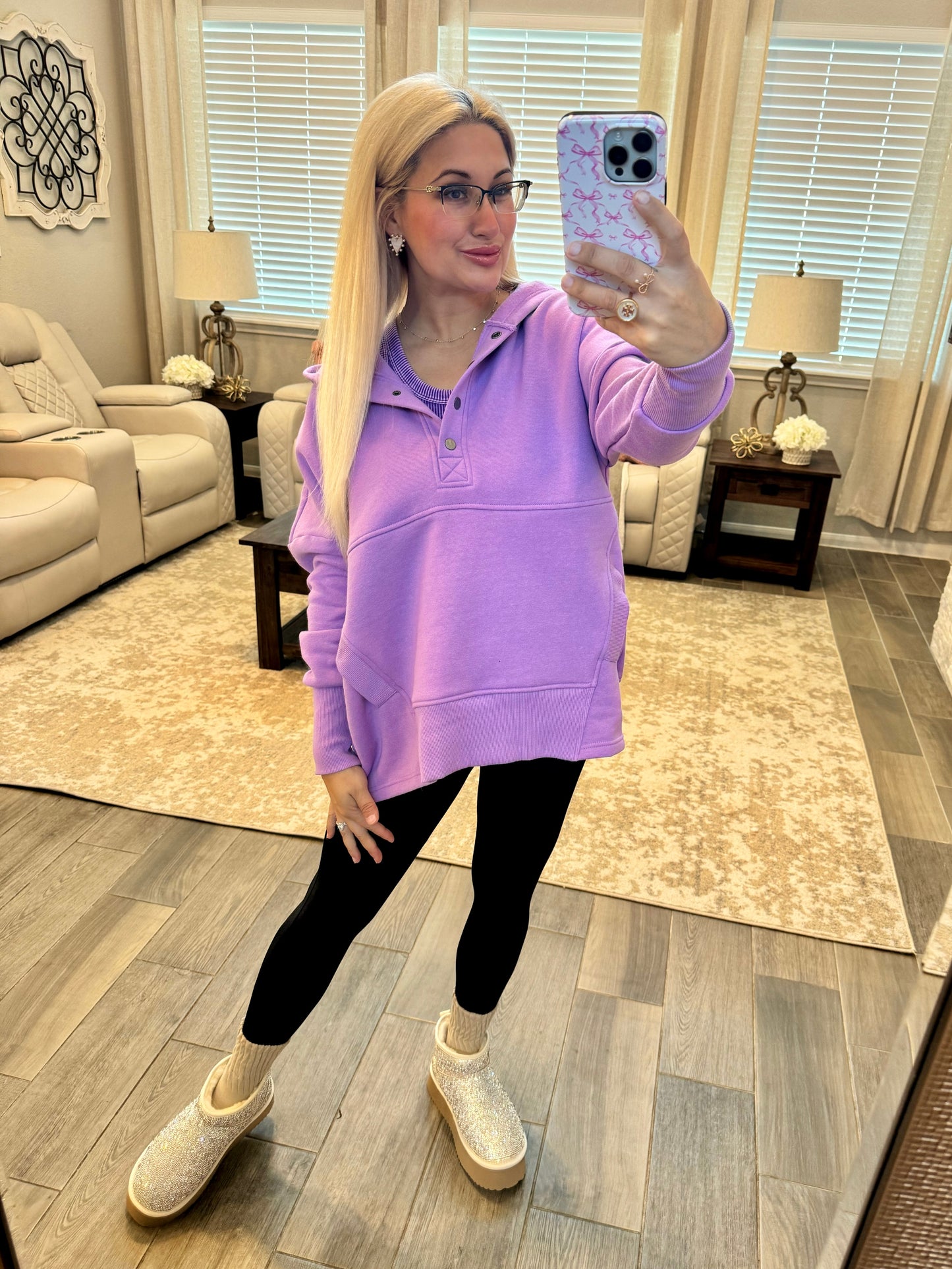 Henley Hooded Pullover - LAVENDER