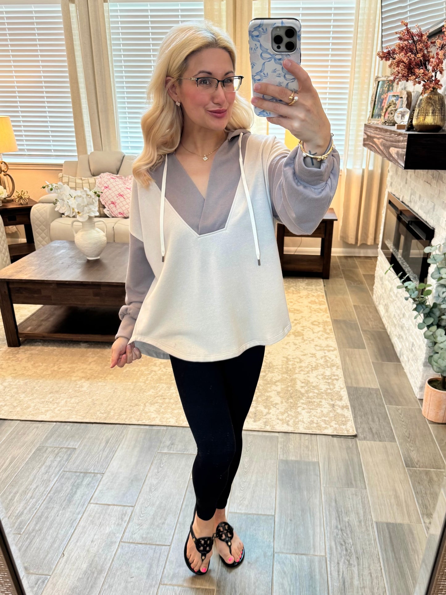 Mocha Colorblock Hooded V-Neck Top S-XL