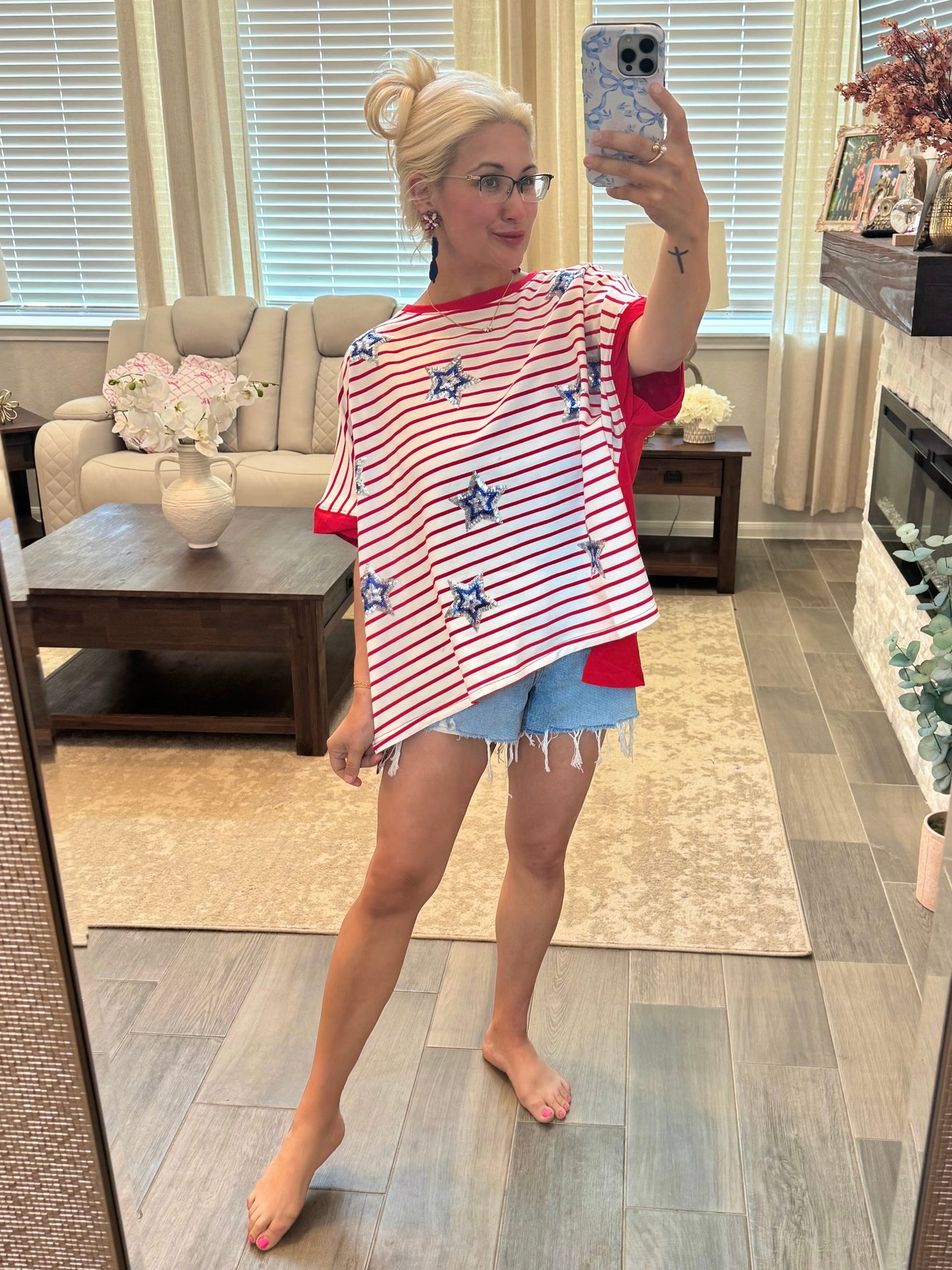 Red, White & Blue Sequin Star Top