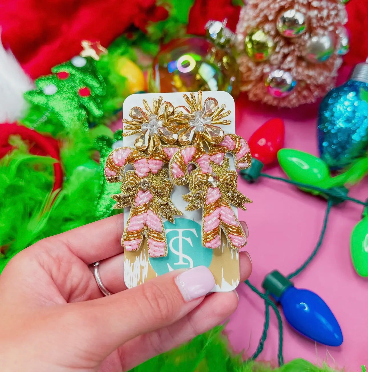 Beaded Candy Cane Drops - PINK - 1 left!