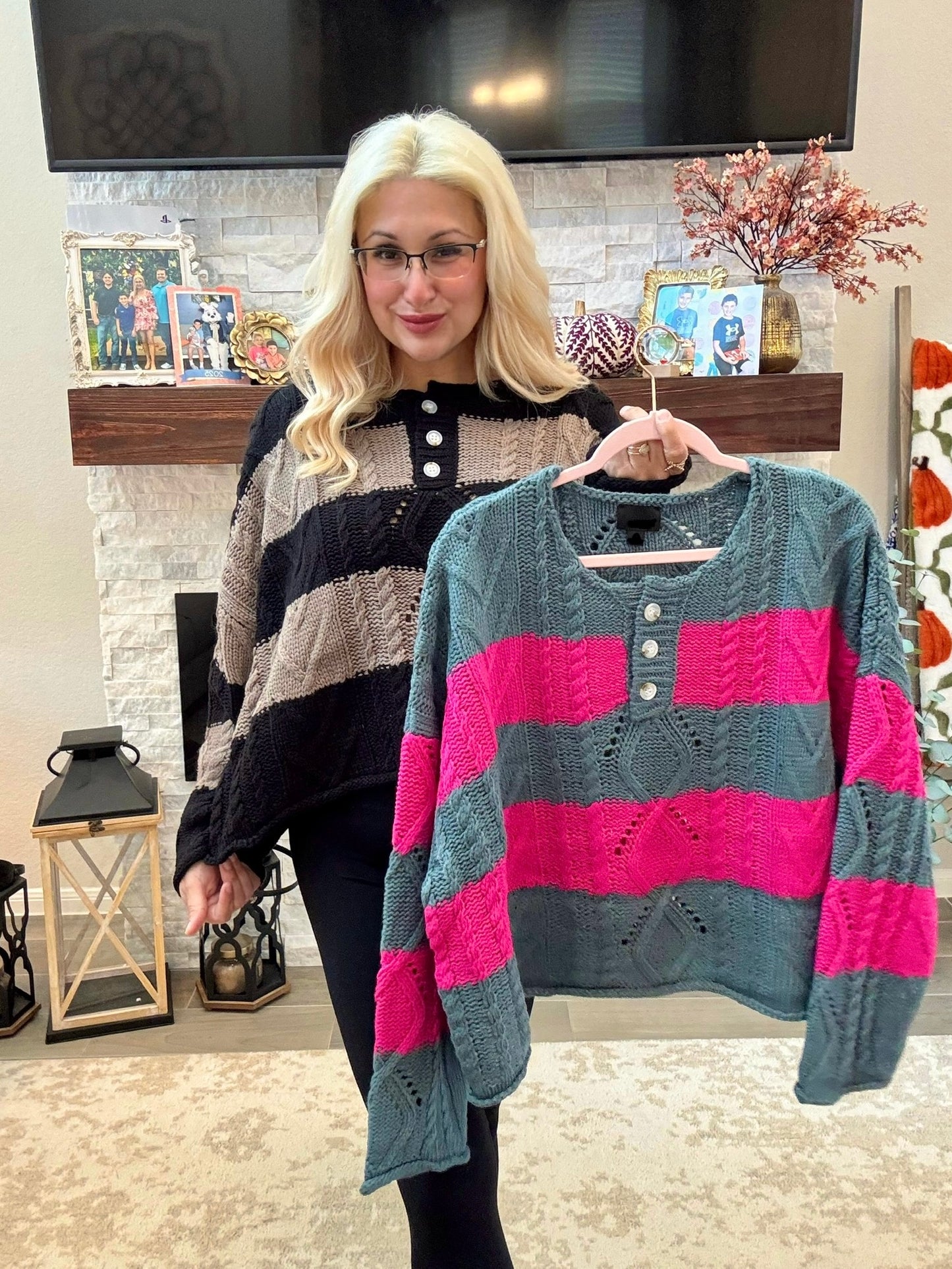 Mocha Stripe Henley Sweater