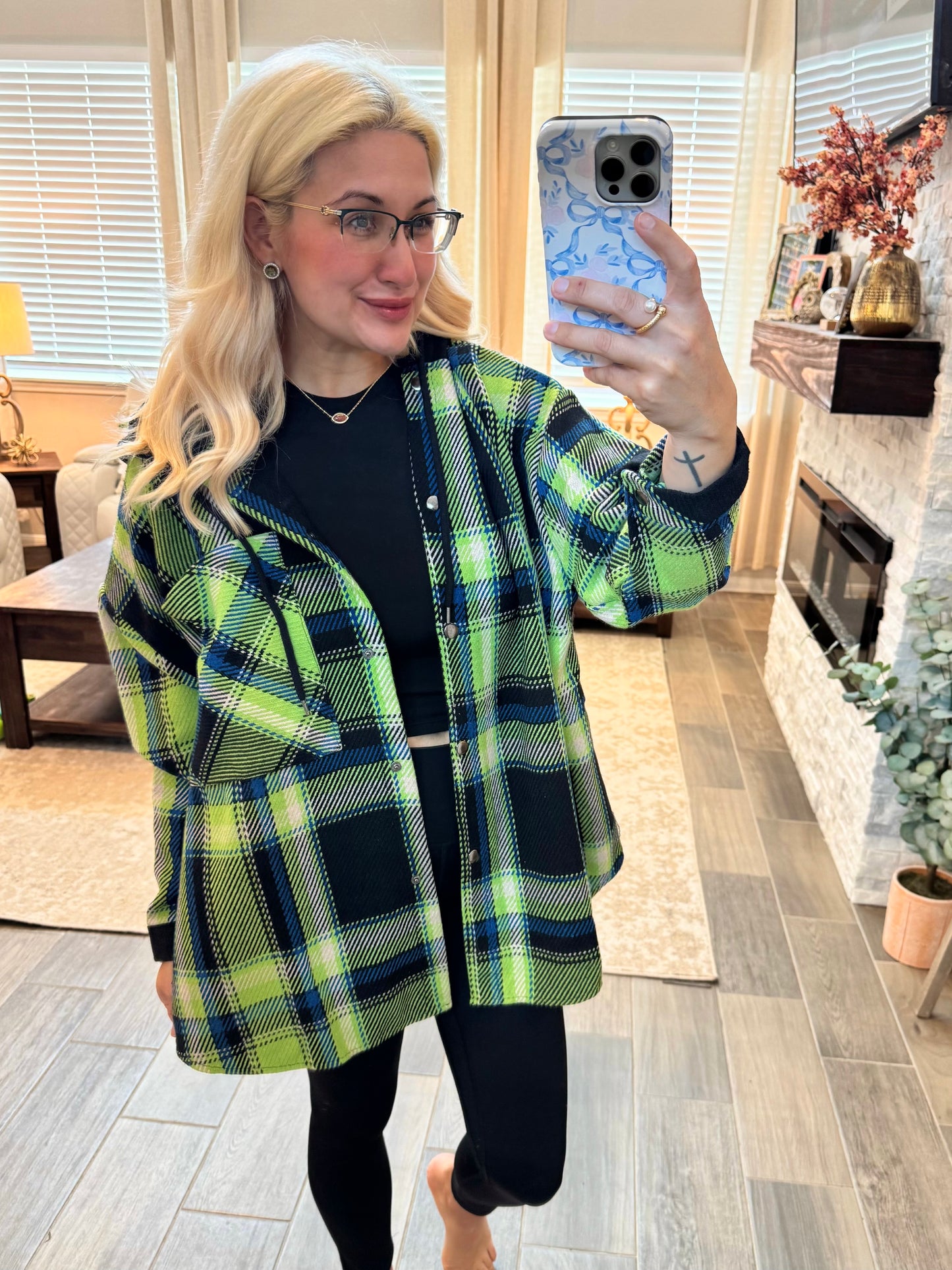 A Little Lime Green Plaid Hooded Jacket - ONESIZE