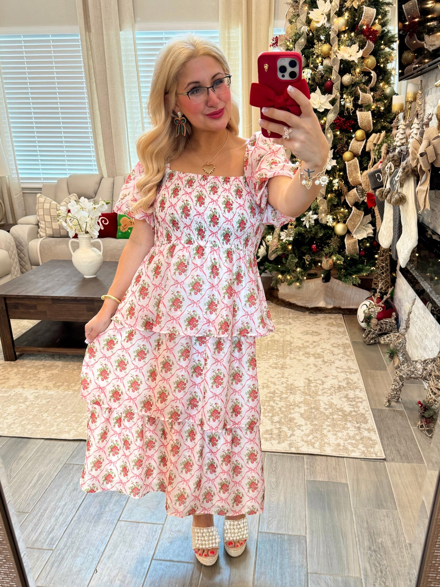 Floral Bow & Rose Midi Dress