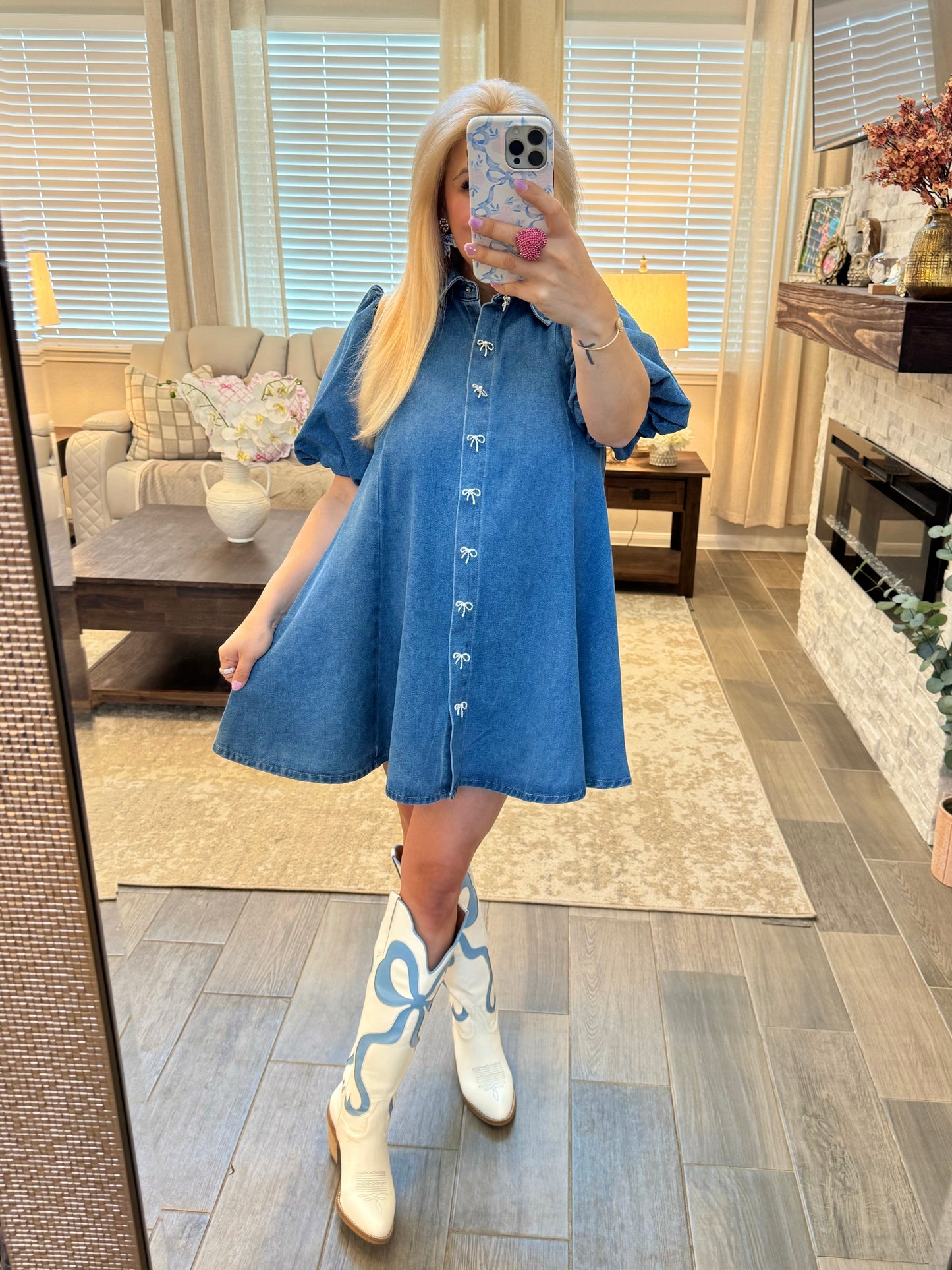 Dance Me Home Bow Denim Dress