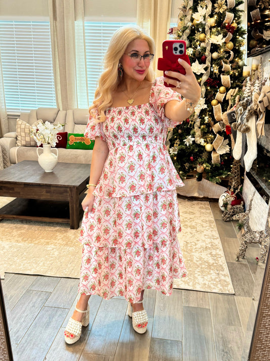 Floral Bow & Rose Midi Dress