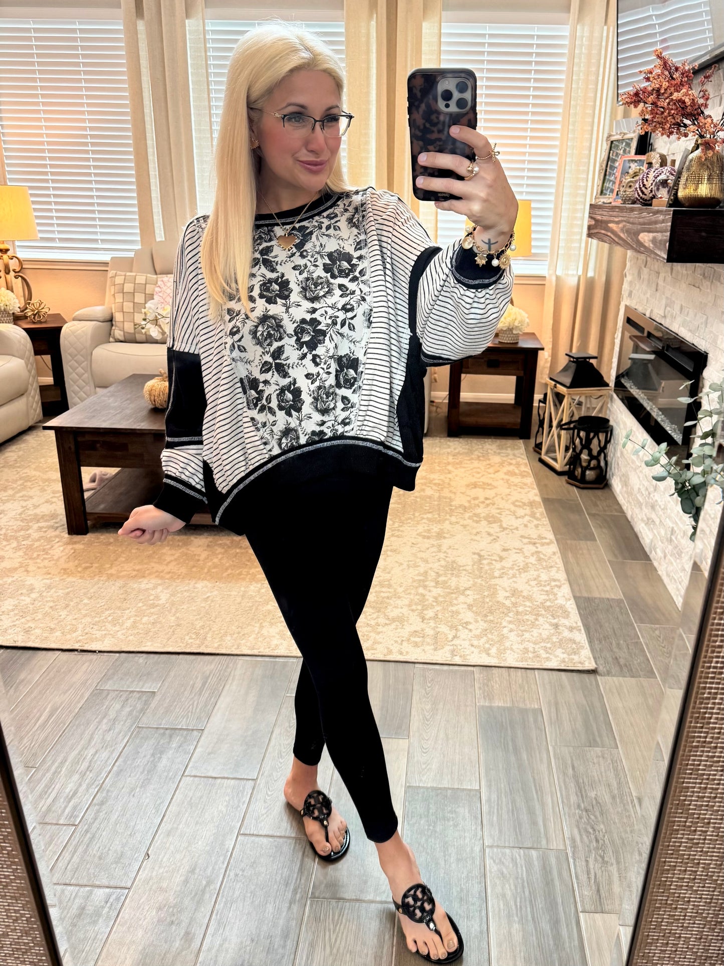 Black Floral Stripes Pullover