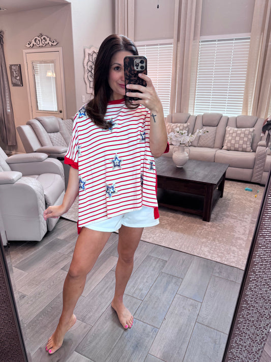 Red, White & Blue Sequin Star Top