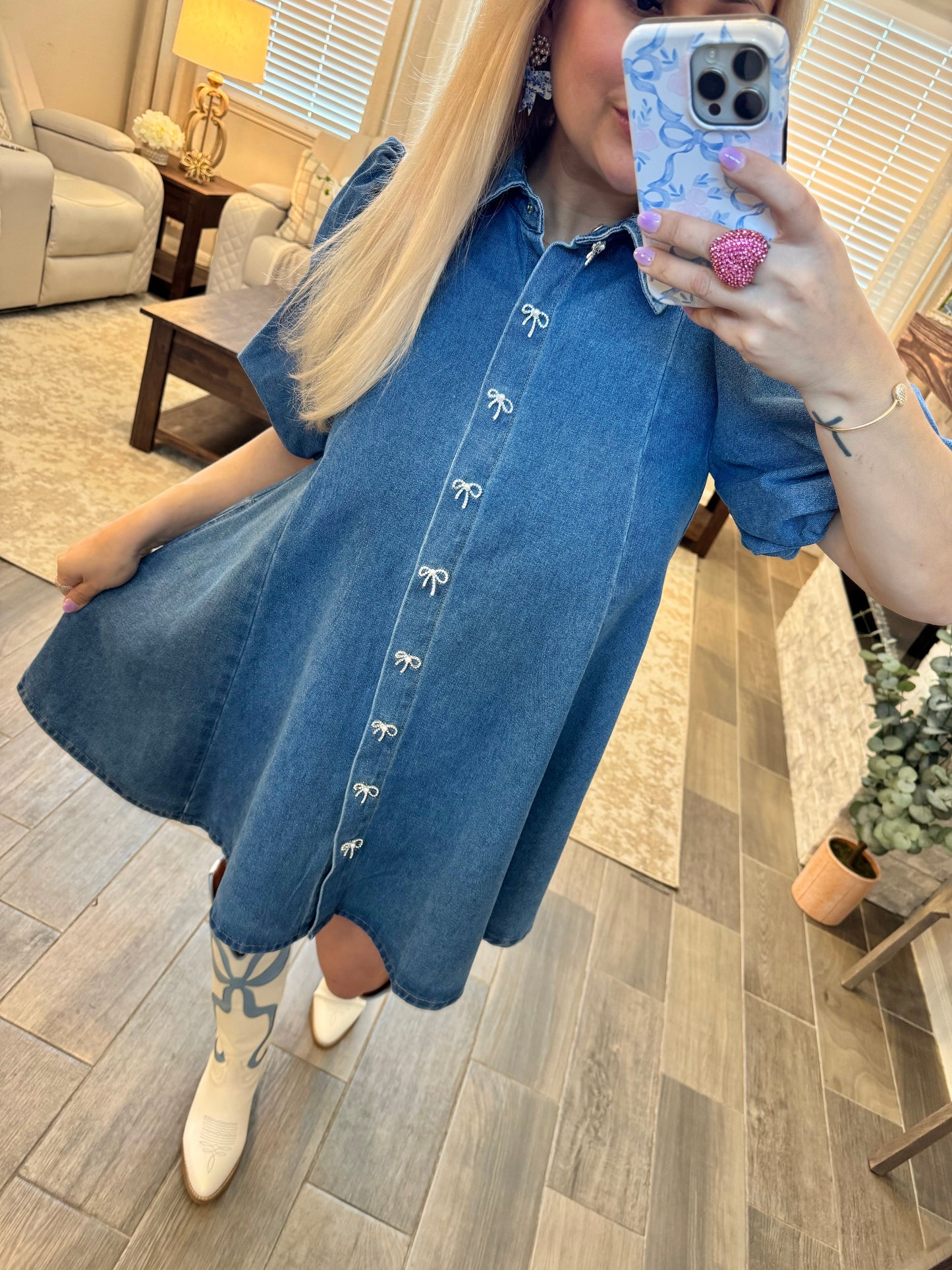 Dance Me Home Bow Denim Dress