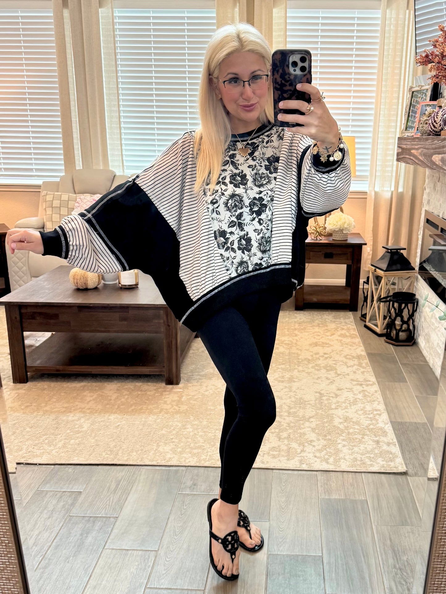 Black Floral Stripes Pullover