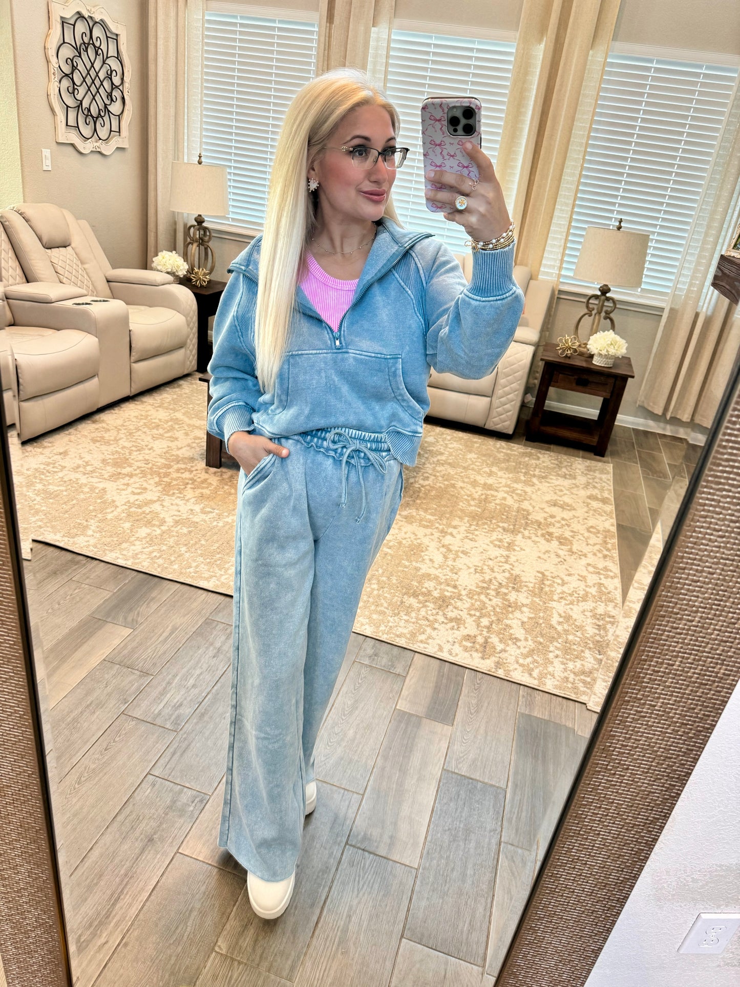Basic Who Acid Wash Half Zip - BLUE GREY