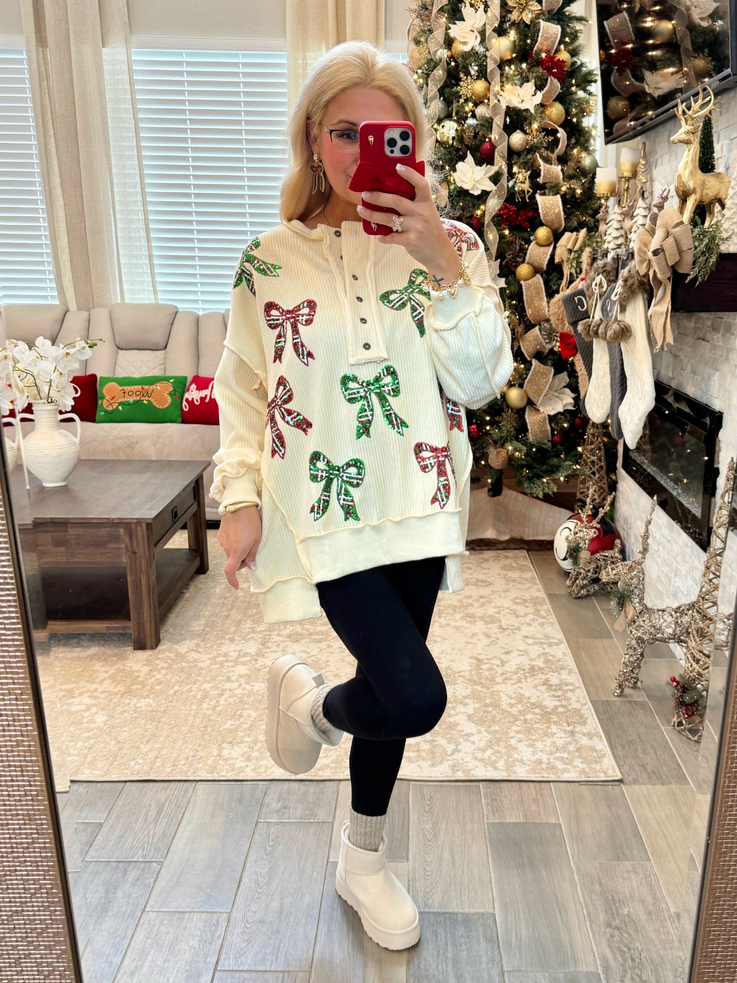 Soft Holiday Bows Henley Pullover