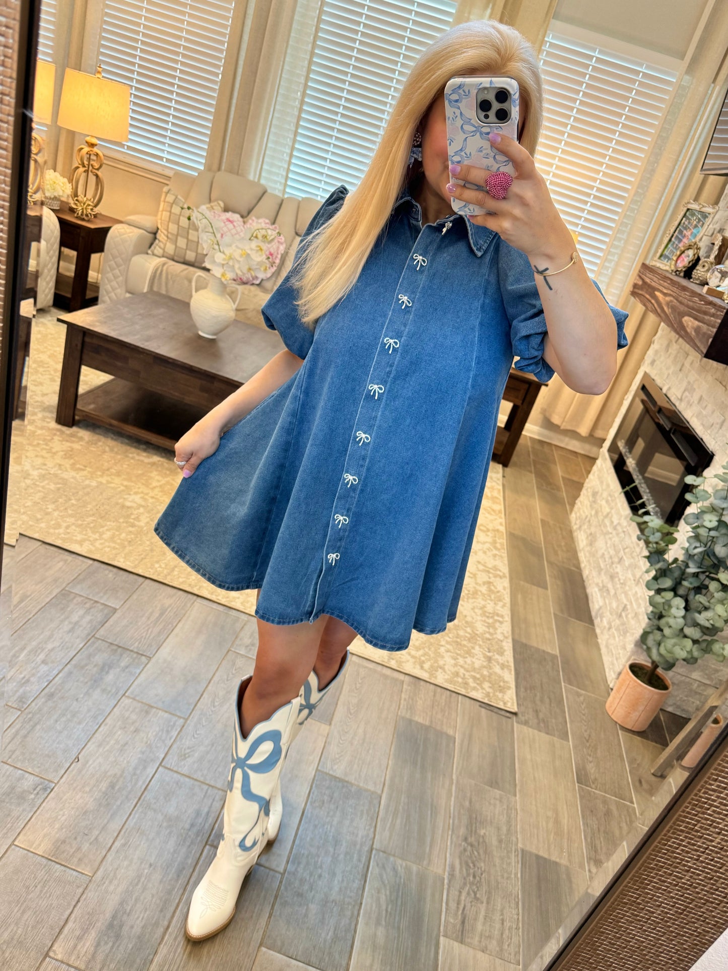 Dance Me Home Bow Denim Dress