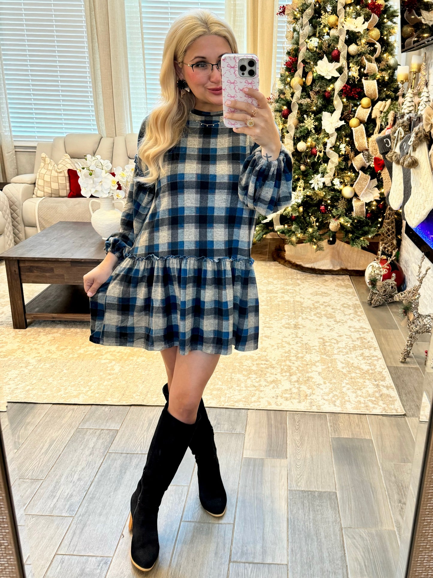 Babydoll Plaid Dress - BLACK