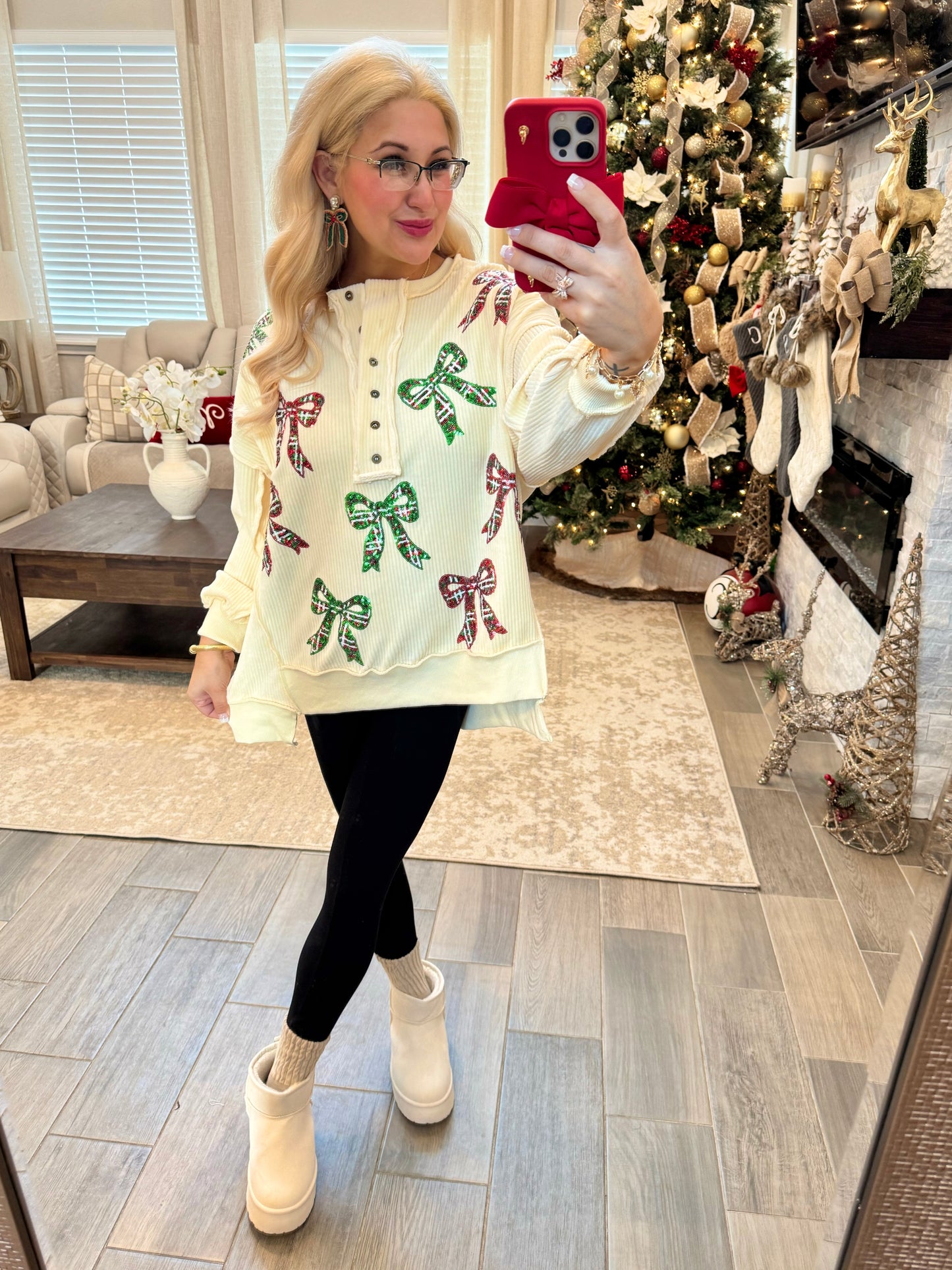 Soft Holiday Bows Henley Pullover