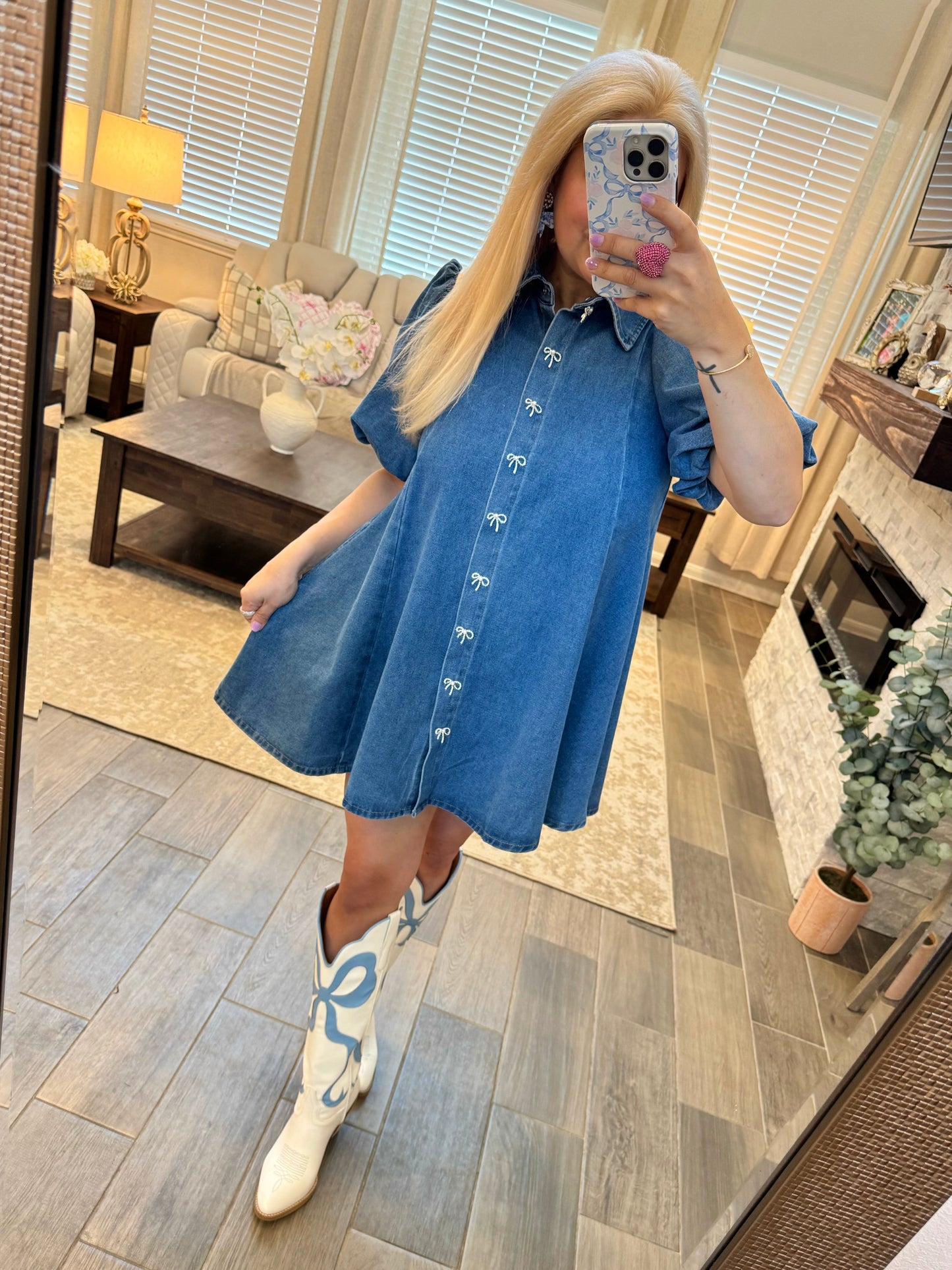 Dance Me Home Bow Denim Dress