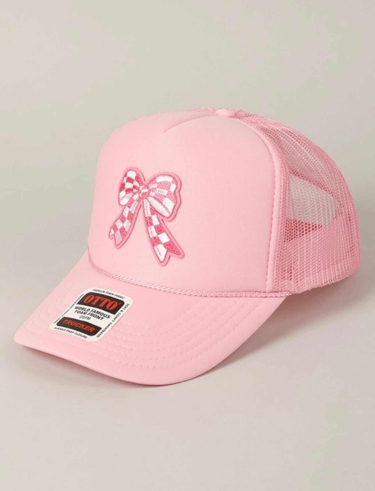 Checkered Bow Hat - Light Pink