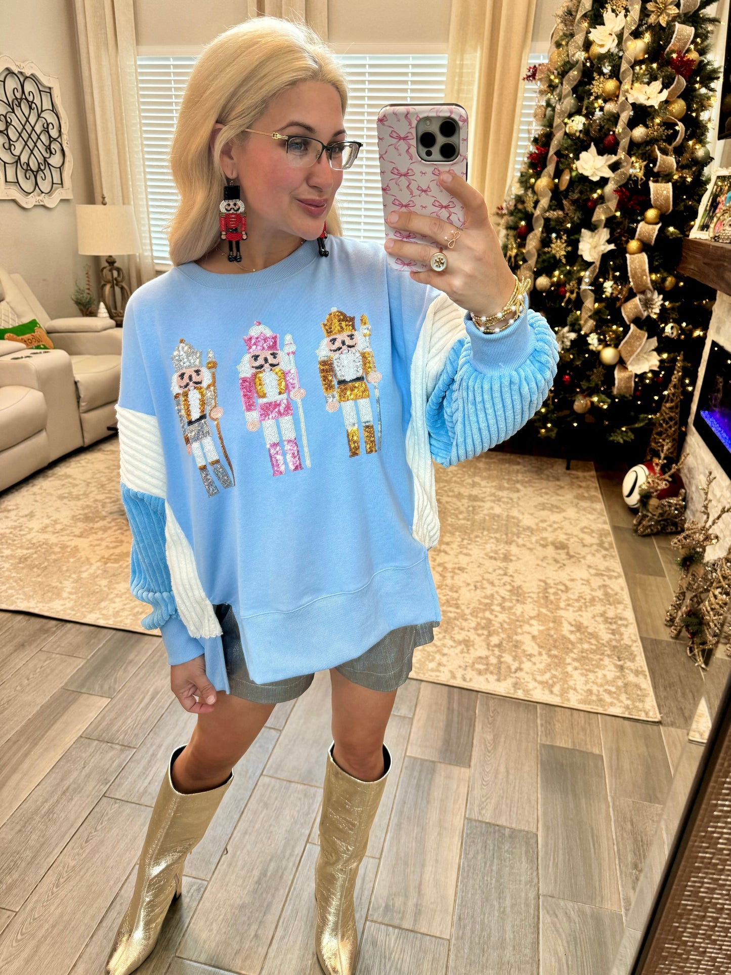 Sequin Nutcracker Pullover - Light Blue