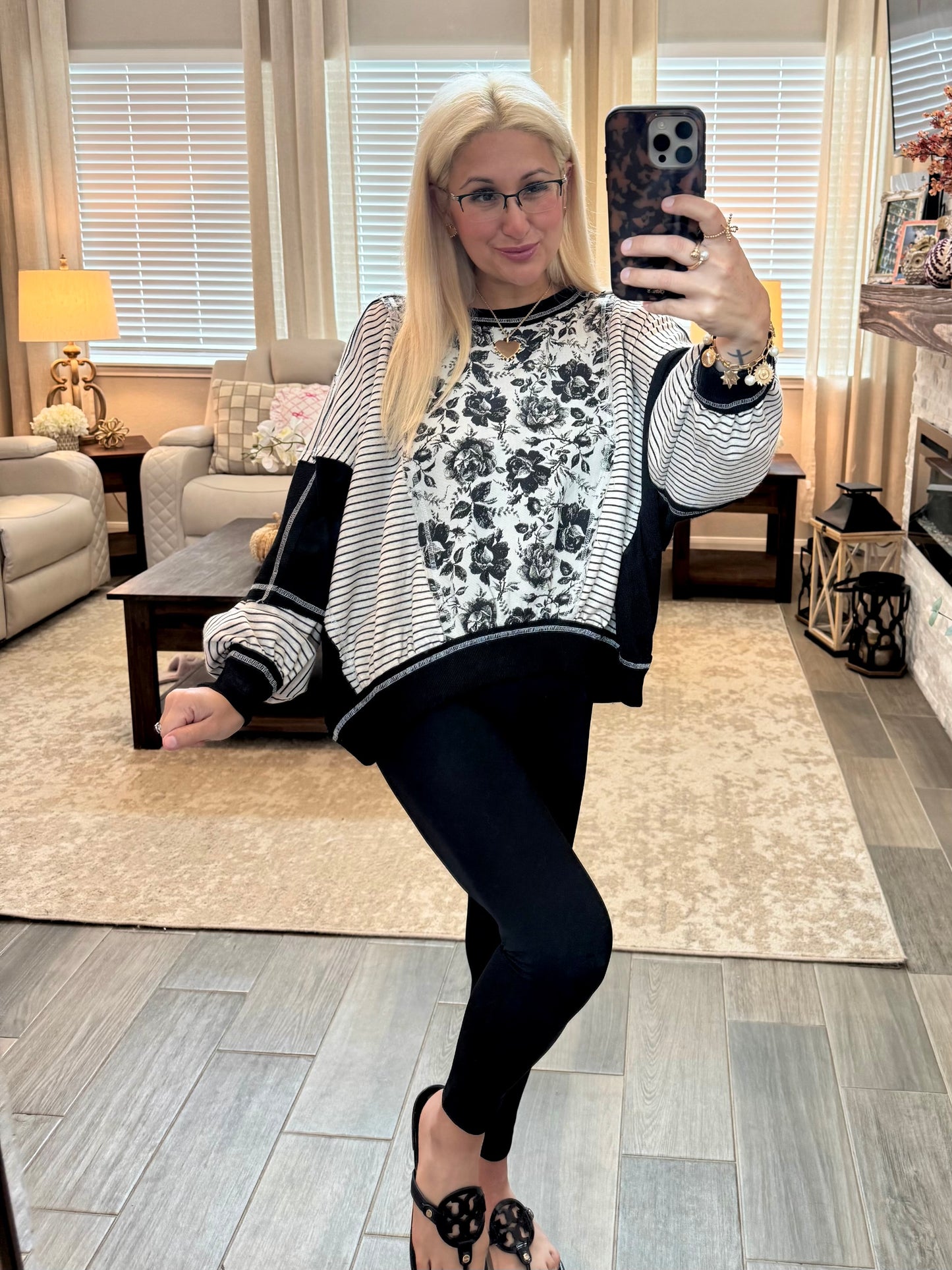 Black Floral Stripes Pullover