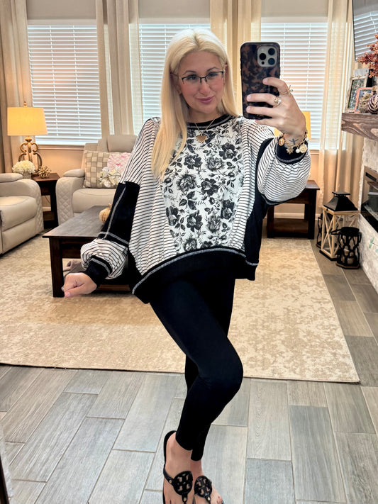 Black Floral Stripes Pullover