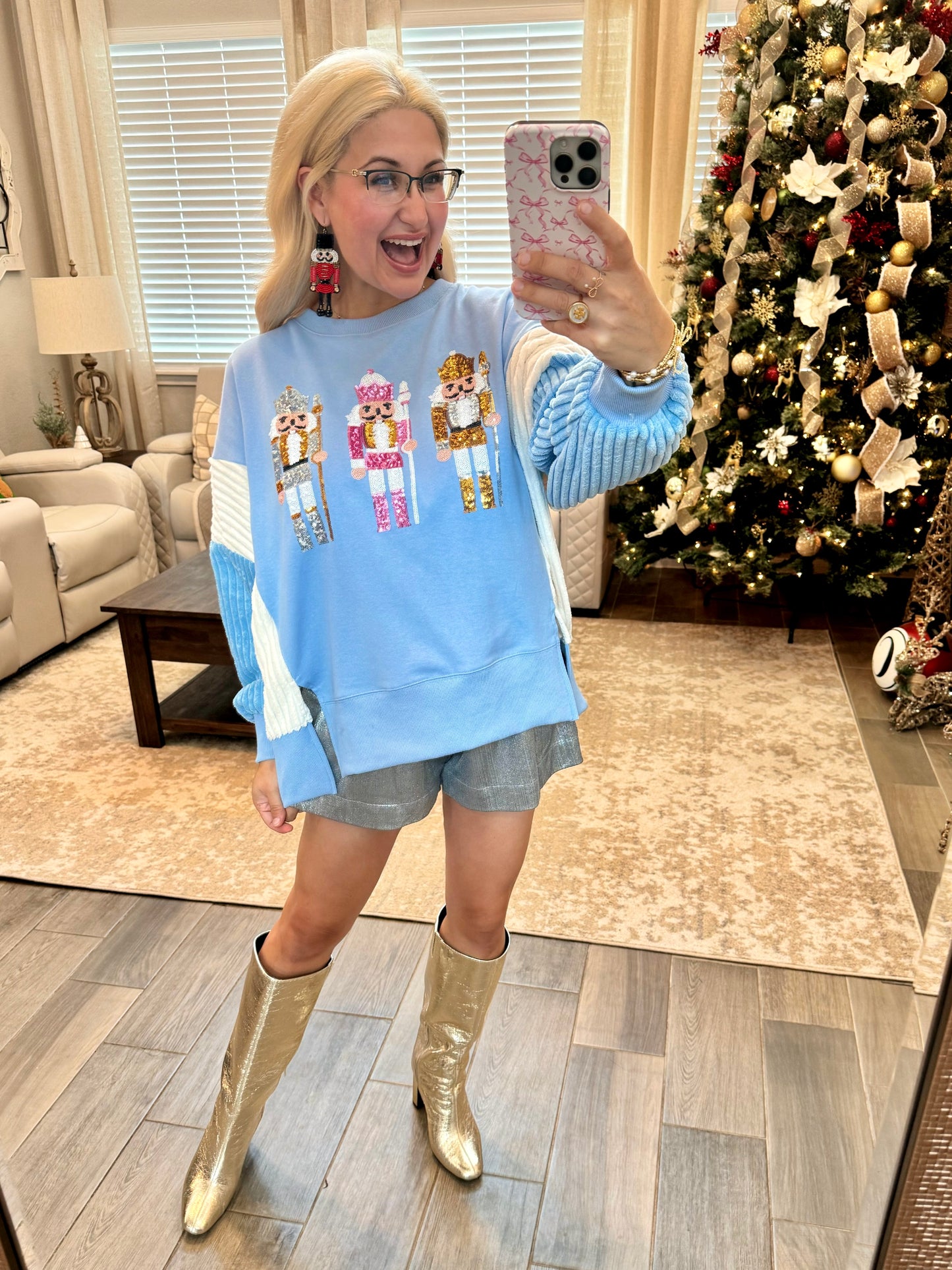 Sequin Nutcracker Pullover - Light Blue