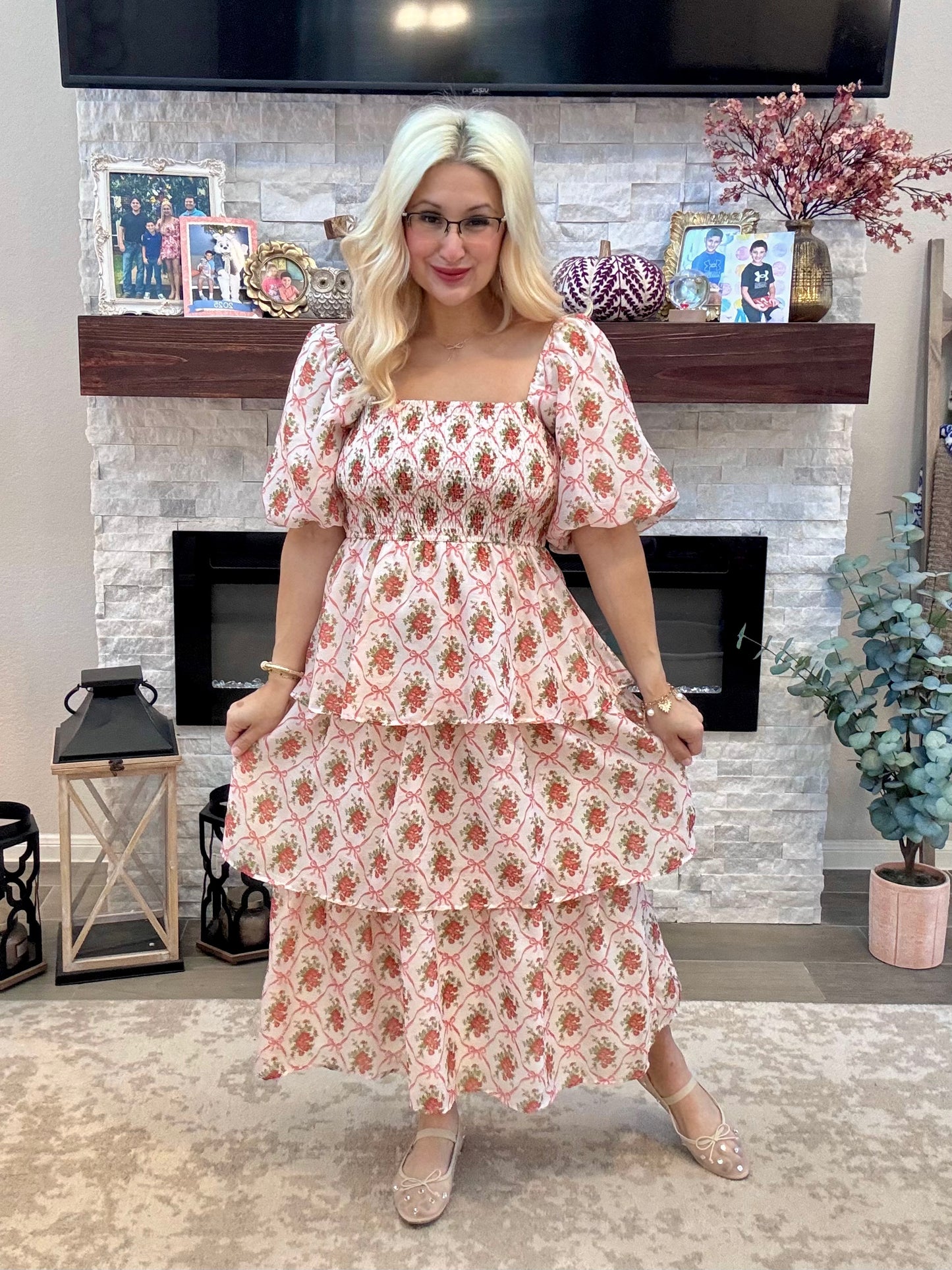 Floral Bow & Rose Midi Dress