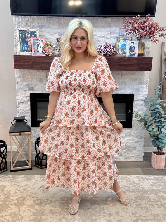 Floral Bow & Rose Midi Dress