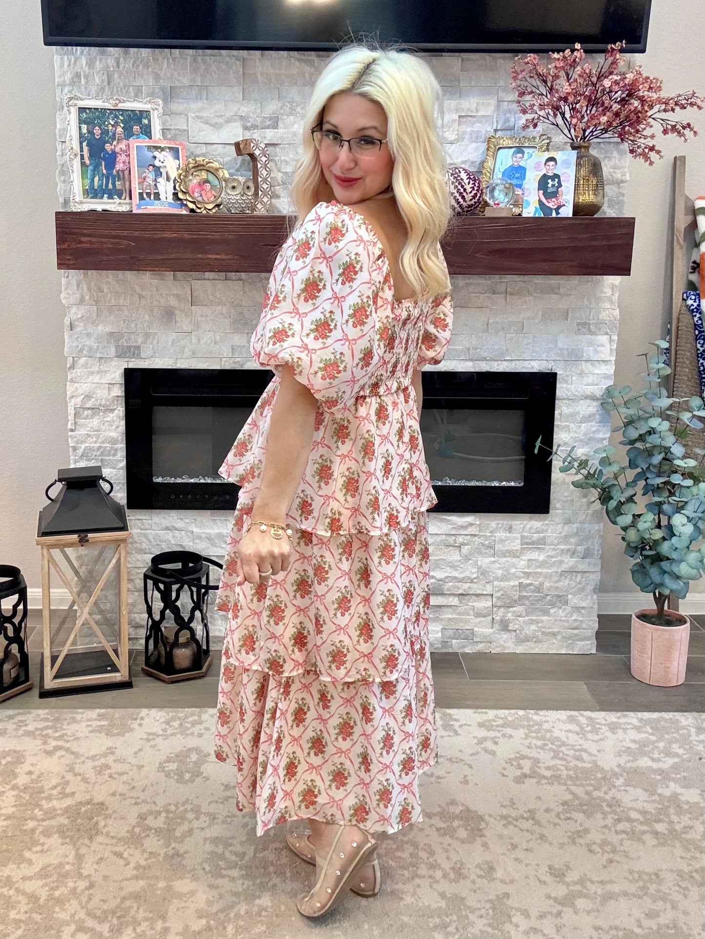 Floral Bow & Rose Midi Dress