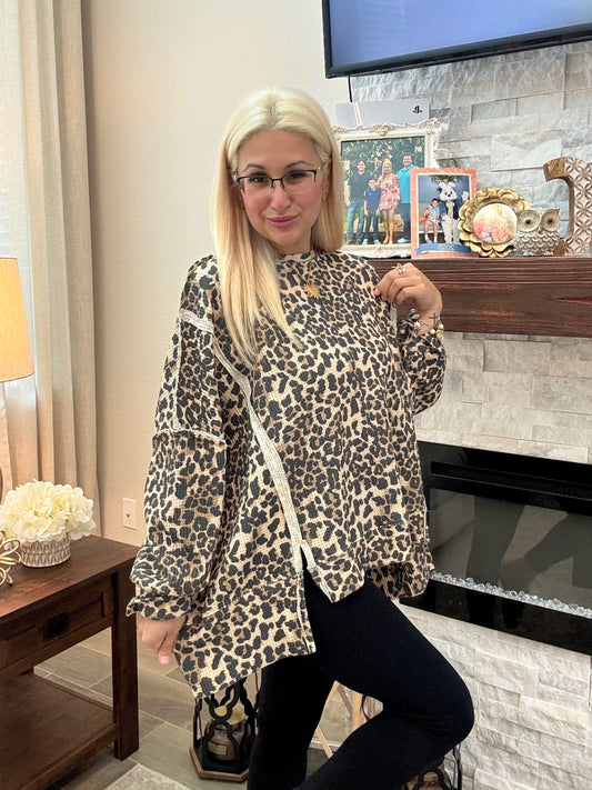 Leopard Waffle Pullover